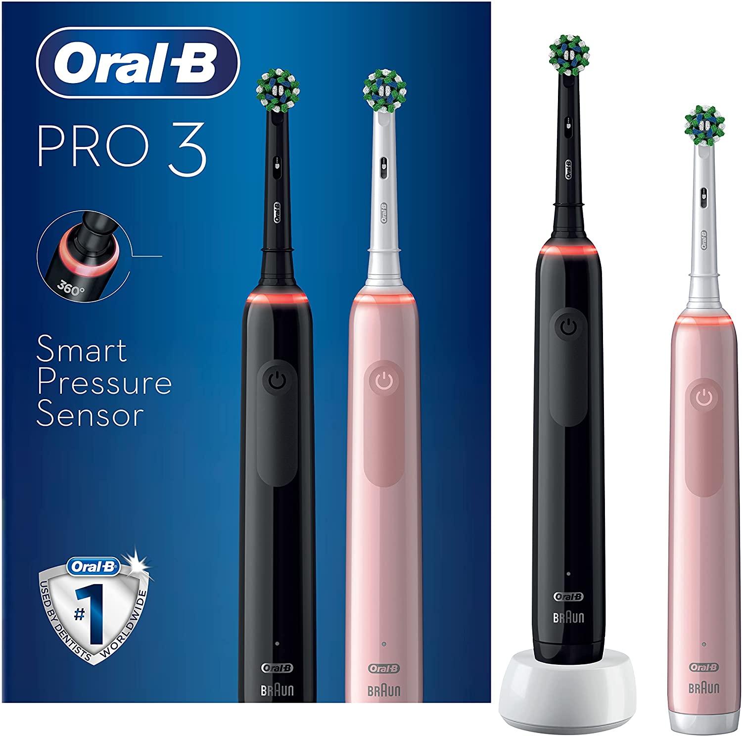 Bild von Oral-B Pro 3 2x Electric Toothbrushes with Smart Pressure Sensor, Handles & 2 Cross Action Toothbrush Heads, 3 Modes with Teeth Whitening