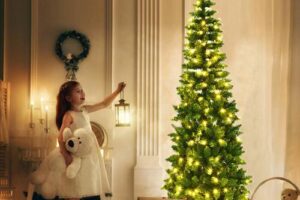 Produktbild von 6.5 FT Artificial Pencil Christmas Tree LED Pre-Lit Xmas Tree Holiday Decoration