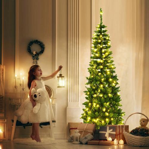 Bild von 6.5 FT Artificial Pencil Christmas Tree LED Pre-Lit Xmas Tree Holiday Decoration