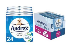 Bild von 24 Toilet Rolls of Andrex Classic White with 240 Flushable Toilet Tissue Wipes