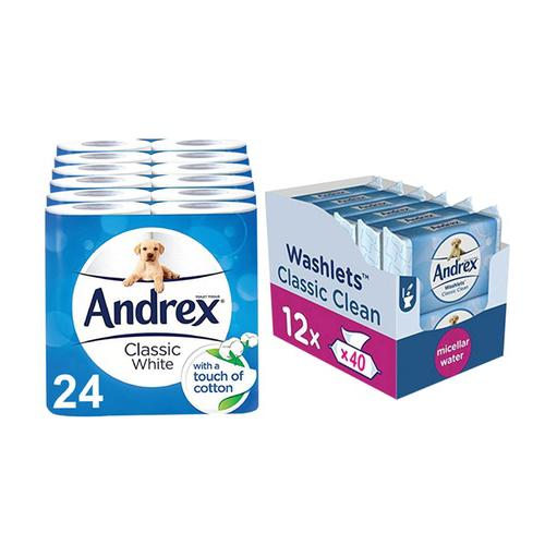 Produktbild von 24 Toilet Rolls of Andrex Classic White with 240 Flushable Toilet Tissue Wipes