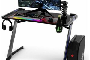 Produktbild von Costway – Gaming Computer Desk with USB Game Handle Rack, RGB LED Lights, Mouse Pad and Cup