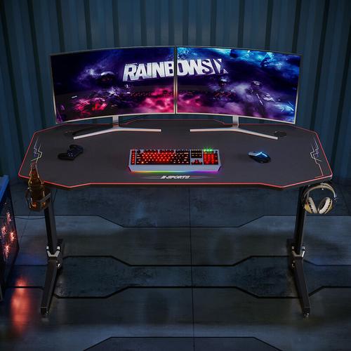 Bild von Gaming Computer Desk with LED Lights Studio Workstations Home Office PC Table with Headphone Hooks