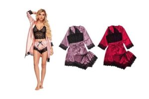 Produktbild von Lace Three-Piece Satin Robe and Pajama Set: Red