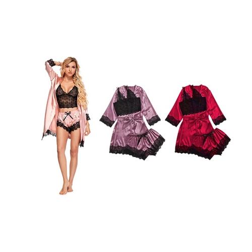 Bild von Lace Three-Piece Satin Robe and Pajama Set: Red