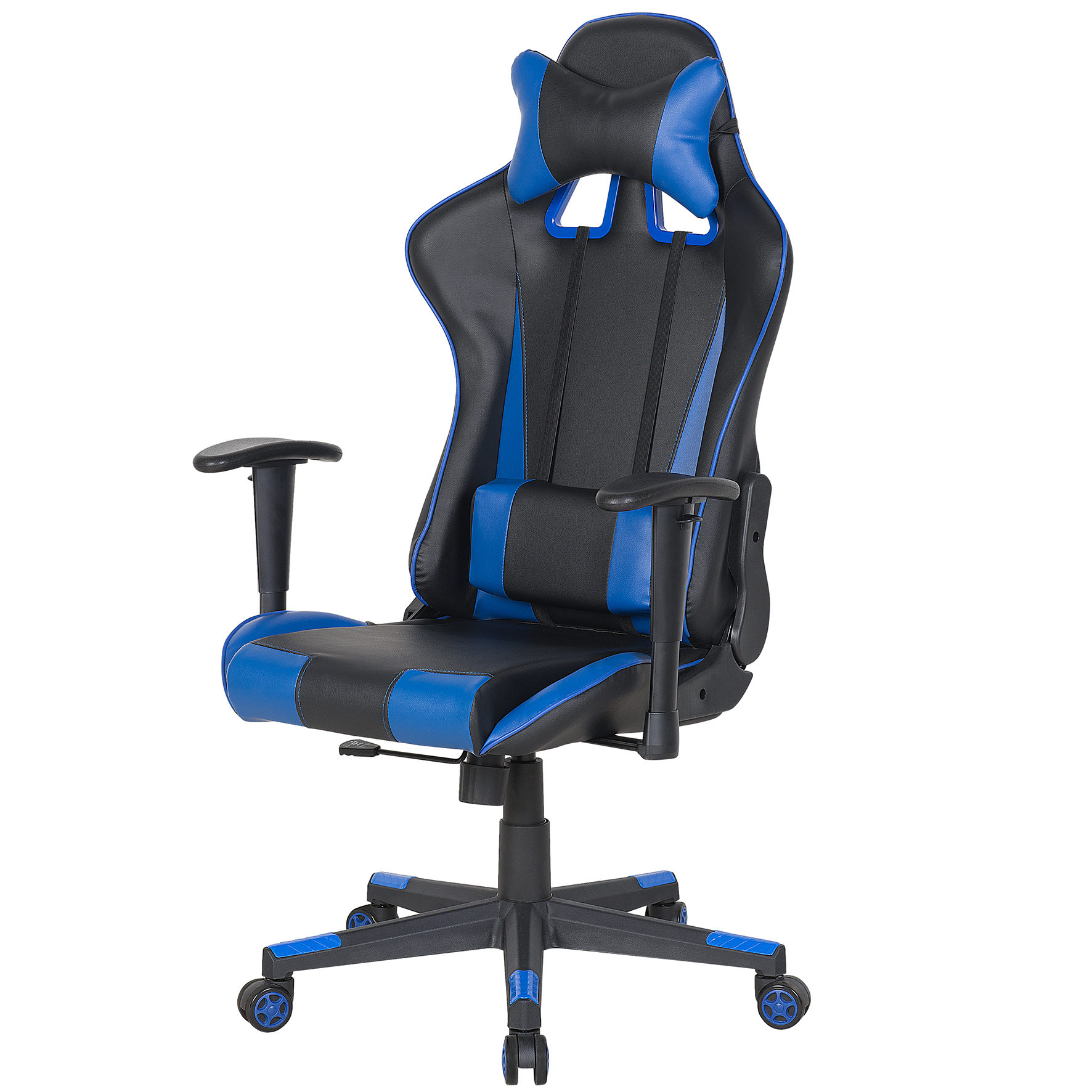 Bild von Beliani Gaming Chair Black Faux Leather with Blue Reclining Adjustable Armrests Height Lumbar Support Headrest Cushion Office Chair