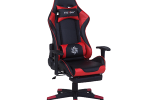 Produktbild von Beliani Gaming Chair Black Red Faux Leather Swivel Adjustable Armrests and Height Footrest Modern