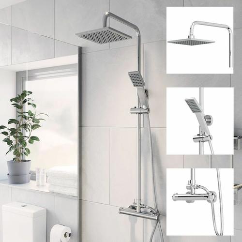 Bild von Bathroom Thermostatic Mixer Shower Set Square Chrome Twin Head Exposed Valve