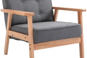 Produktbild von Retro Accent Single Chair Beech Wood Frame Armchair Cushion Linen Fabric – Homcom
