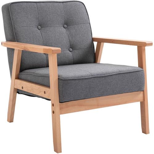 Produktbild von Retro Accent Single Chair Beech Wood Frame Armchair Cushion Linen Fabric – Homcom