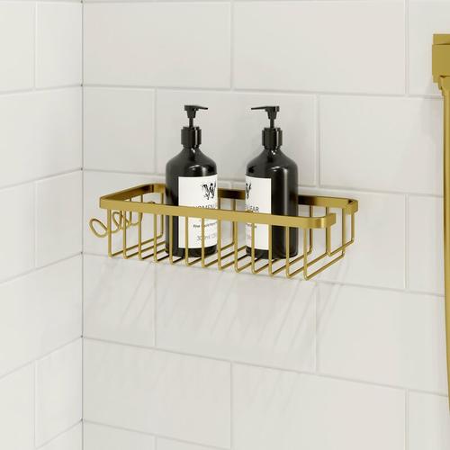 Bild von Gold Architeckt Shower Caddy Basket Hooks Wall Mounted Easy Drain Bathroom