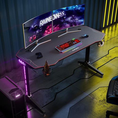Bild von Black PC Gaming Computer Desk with Full Mouse Pad 1400x600mm Home Office PC Desk with LED Lights