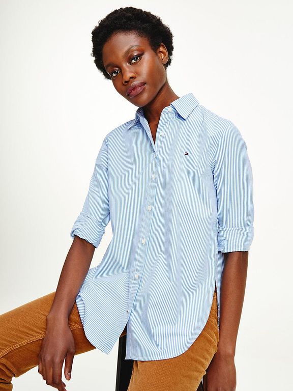 Produktbild von Tommy Hilfiger Organic Cotton Poplin Signature Tape Shirt – Blue – Tommy Hilfiger Tops