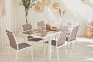 Produktbild von Garden set with extending table – Taupe Orlando – 150/210cm aluminium table with glass top,