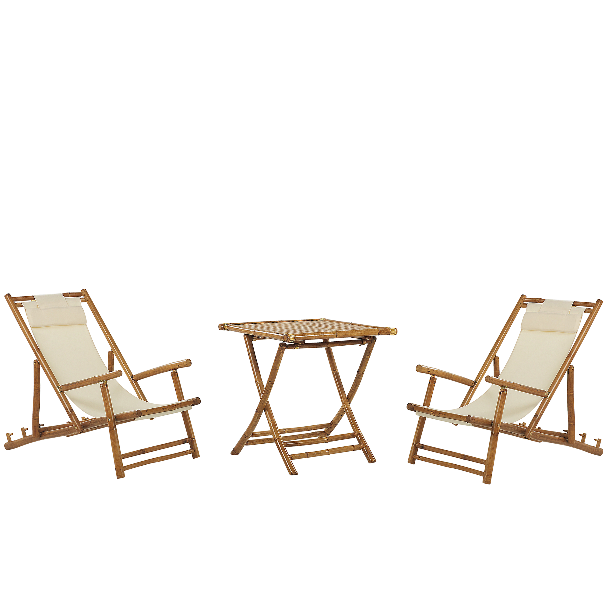 Produktbild von Beliani 2 Seater Sun Lounger Set with Coffee Table Natural Bamboo Wood Beige Folding Deck Chairs and Side Table