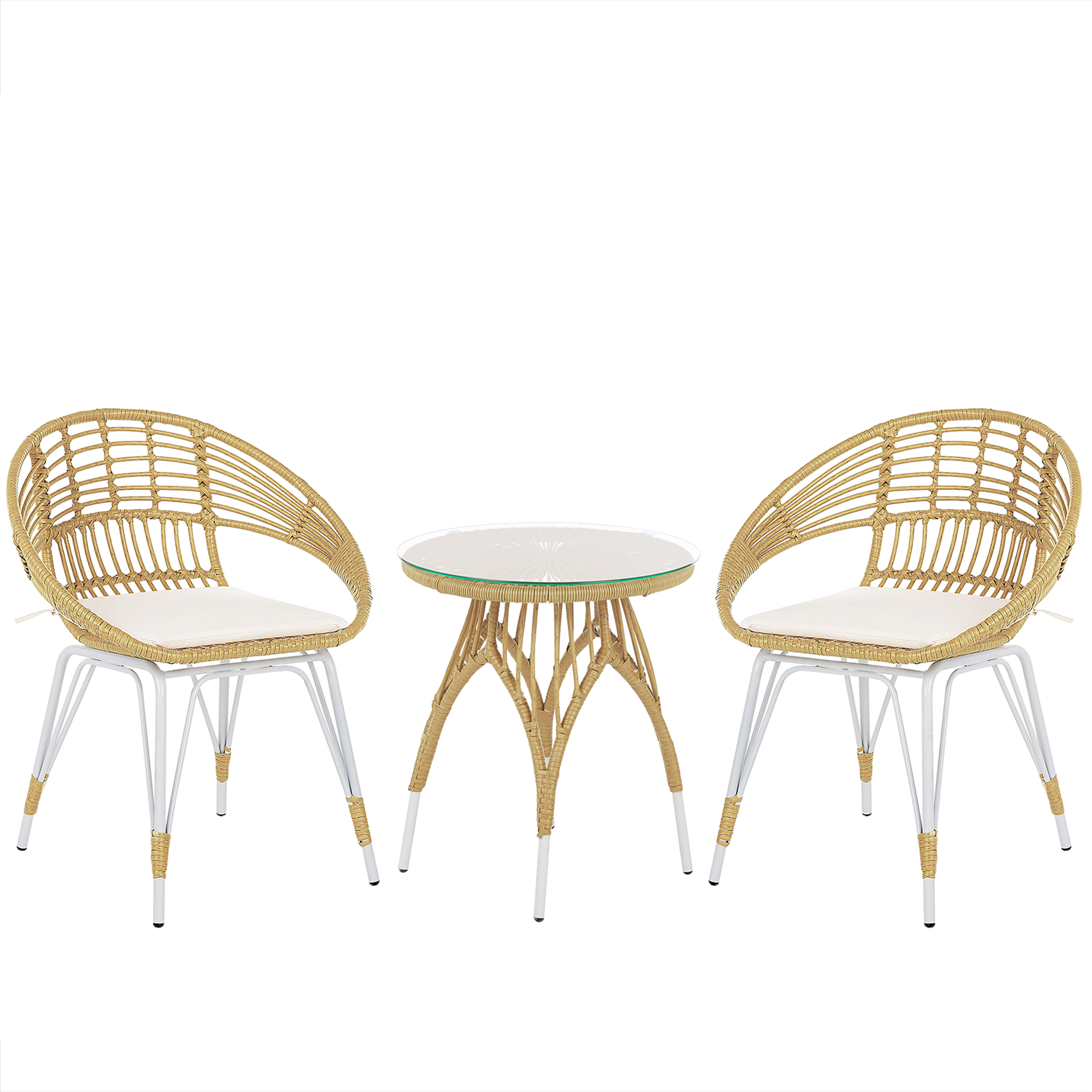 Produktbild von Beliani 3 Piece Bistro Set Natural Colour Faux Rattan White Metal Legs Beige Cushions Coffee Table Tempered Glass Top Modern Boho Garden Balcony