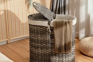 Produktbild von Rattan Divided Laundry Hamper w/Lid 102L Handwoven Clothes Basket Removable Bags