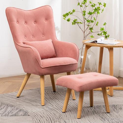 Produktbild von Livingandhome – Frosted Velvet Wingback Lounge Chair with Footstooll, Pink