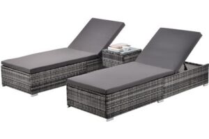 Produktbild von 3 Pcs Rattan Lounger Set with 1 Table, Sunlounger Recliner with adjustable backrest, padded