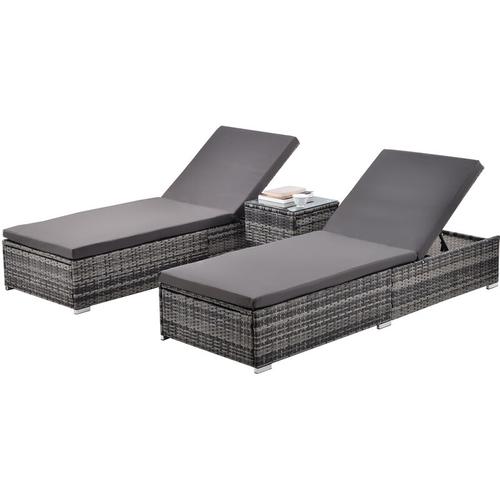 Produktbild von 3 Pcs Rattan Lounger Set with 1 Table, Sunlounger Recliner with adjustable backrest, padded
