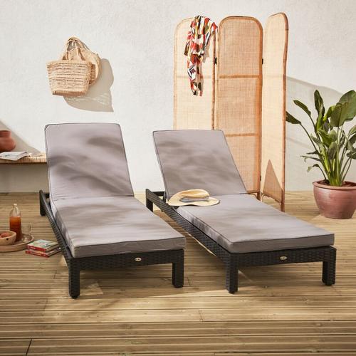 Bild von Pisa: Set of 2 rattan sun loungers, black / grey, ready assembled, reinforced aluminum