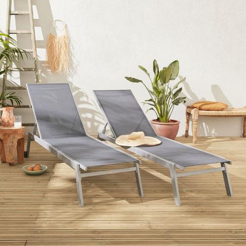 Bild von Set of 2 ELSA sun loungers in grey aluminium and grey textilene, adjustable loungers with wheels