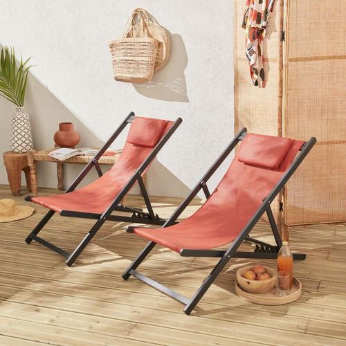 Bild von Set of 2 sun loungers – adjustable deck chairs with headrests made from an anthracite aluminium