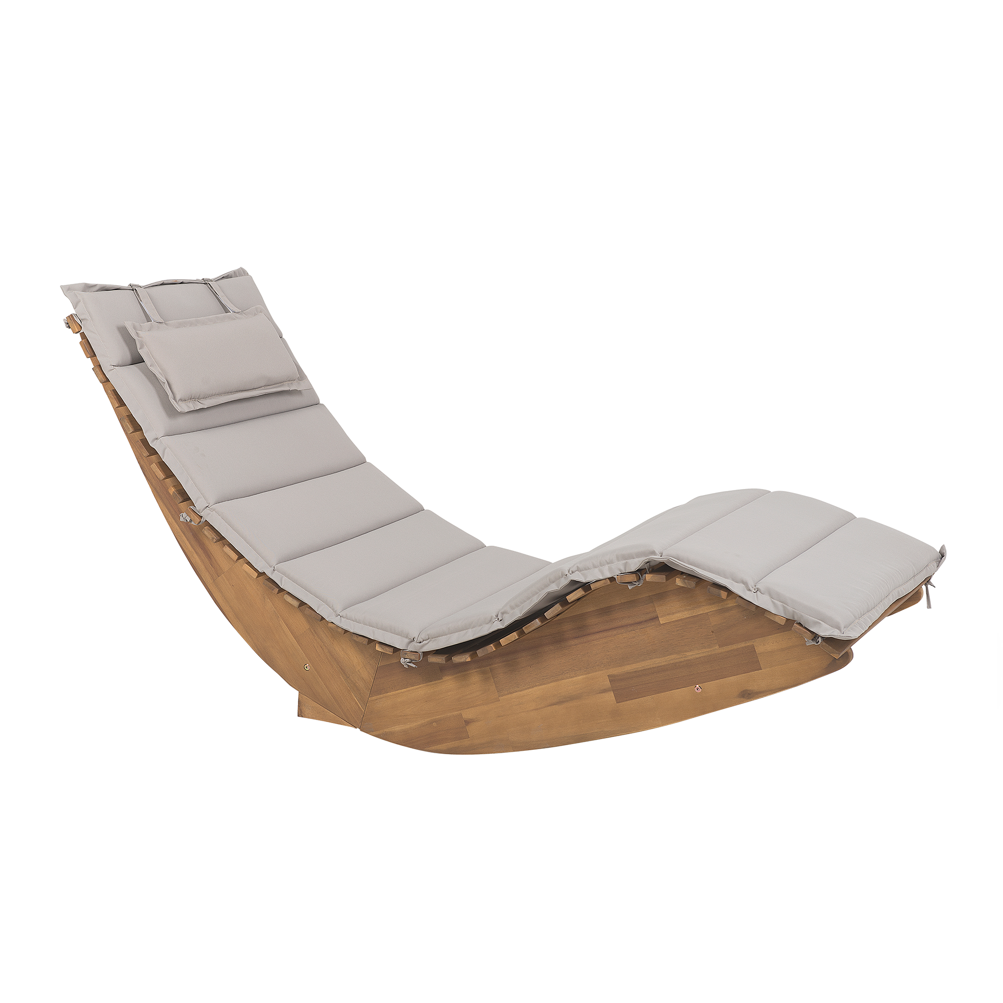 Produktbild von Beliani Sun Lounger Light Acacia Wood Slatted Design Rocking Feature Curved Shape with Taupe Seat Cushion