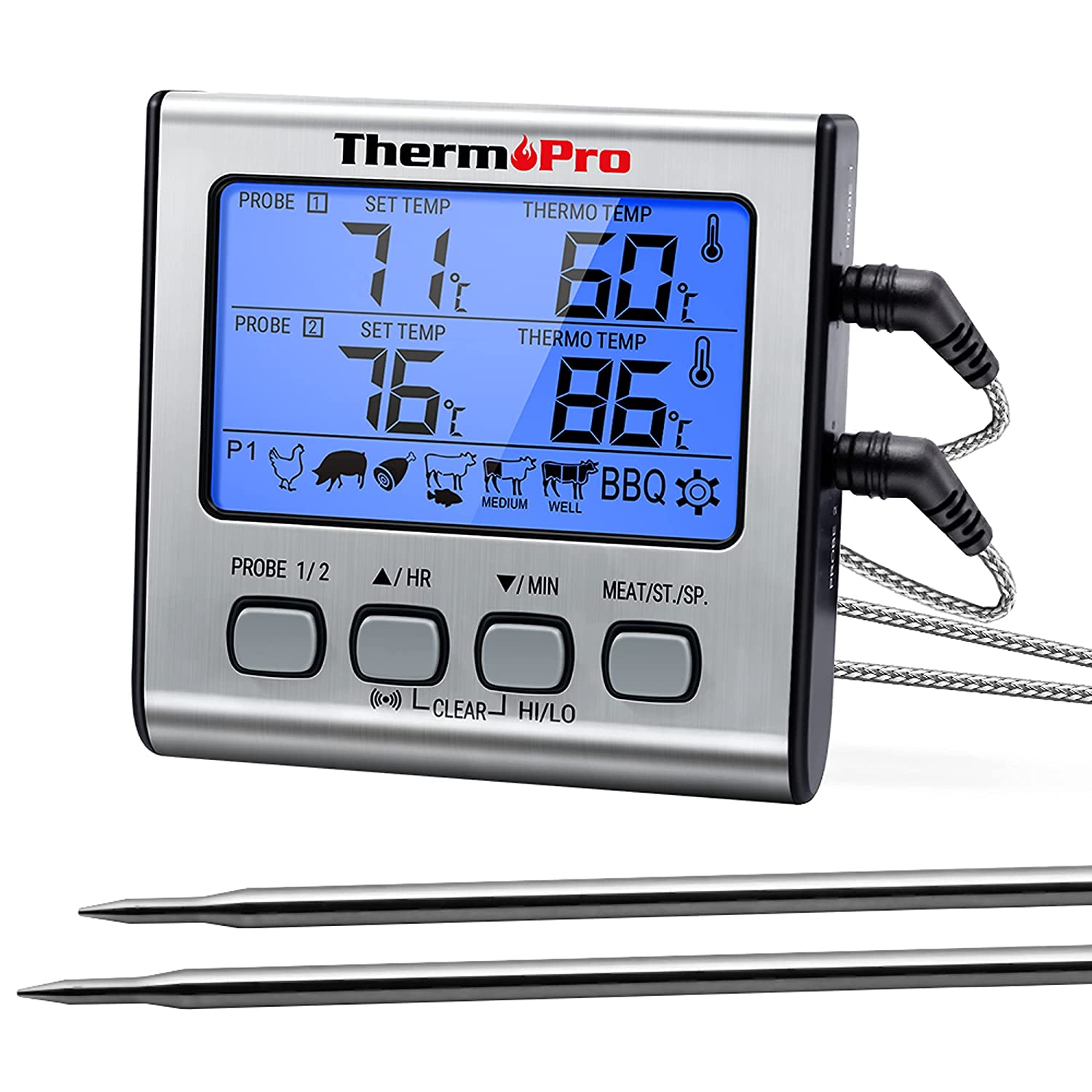 Bild von ThermoPro TP17 Digital Meat Thermometer Cooking Grill BBQ Food Thermometer with Timer Dual Food Temperature Probes for Smoker Kitchen Oven Large LCD Backlight Cooking Thermometer with Timer Alarm