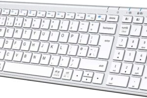 Produktbild von Bluetooth Keyboard for Mac, iClever 3 Multi-Device Bluetooth 5.1 Keyboard Full Size Stable Connection Keyboard for iPad, iPhone, Mac, iOS, Android, Windows, QWERTY UK Layout – Silver