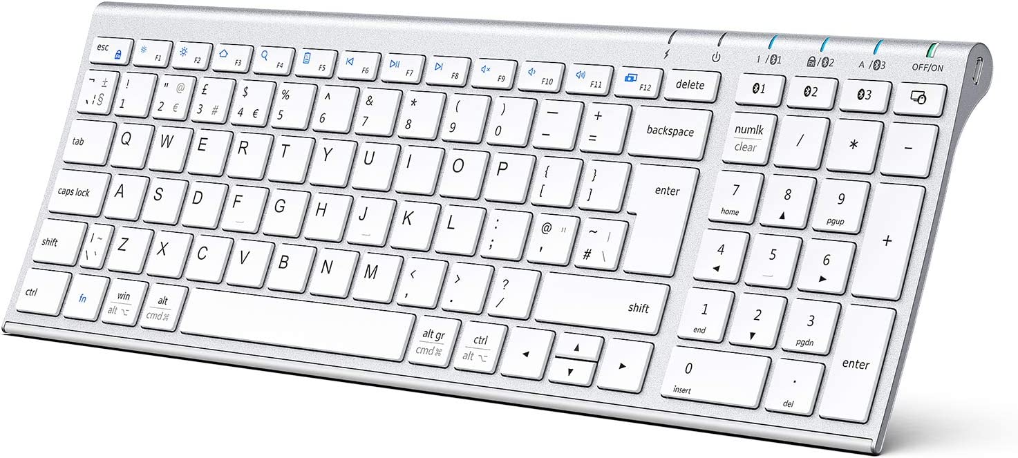 Bild von Bluetooth Keyboard for Mac, iClever 3 Multi-Device Bluetooth 5.1 Keyboard Full Size Stable Connection Keyboard for iPad, iPhone, Mac, iOS, Android, Windows, QWERTY UK Layout – Silver