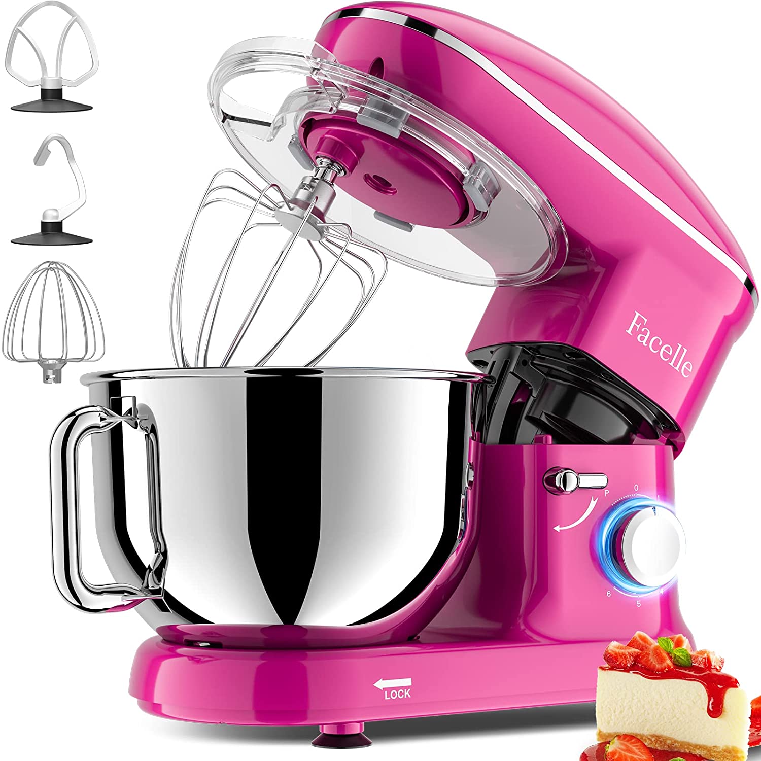 Bild von Stand Mixer, 1500W 6-Speed Tilt-Head Food Mixers Cake Mixer Kitchen Electric Stand Mixer with 6L Stainless Steel Bowl, Dough Hook, Flat Beater, Whisk, Splash Guard, for Baking (Pink Purple)