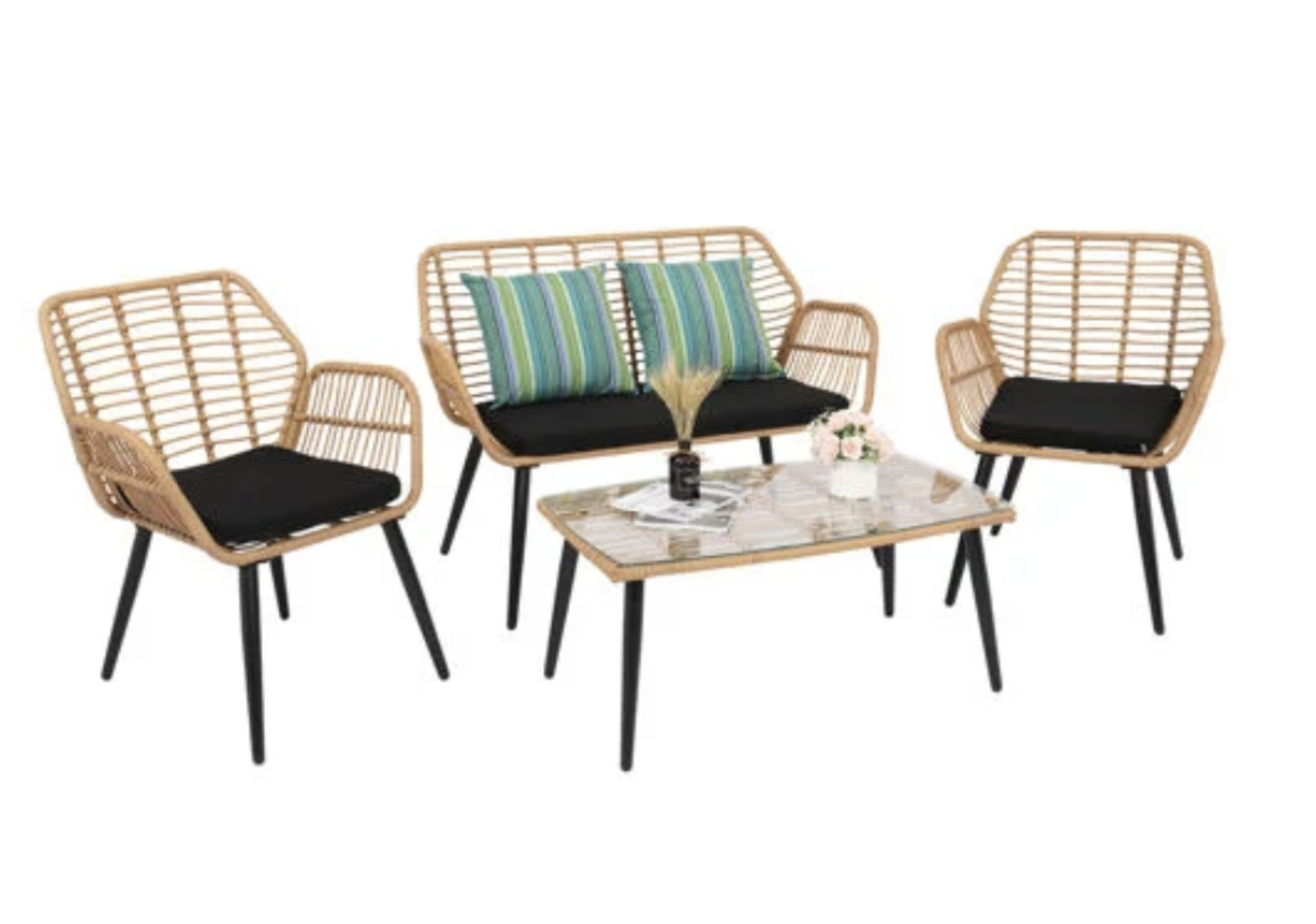 Bild von 4PCS PE Steel Outdoor Wicker Garden Furniture Rattan Chair Four-Piece Patio Furniture Set Yellow