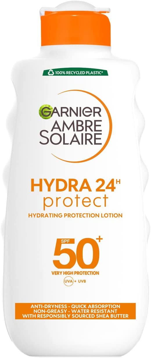 Produktbild von Garnier Ambre Solaire Hydra 24 Hour Protect Hydrating Protection Lotion SPF50, High Sun protection Factor 50, Water Resistant Sunscreen, with Shea Butter, UVA & UVB Protection, 200ml