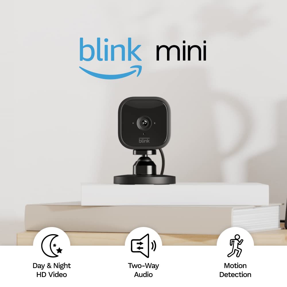 Bild von Blink Mini | Compact indoor plug-in smart security camera, 1080p HD day and night video, night vision, motion detection, two-way audio, easy setup, Works with Alexa — 2 cameras (Black)
