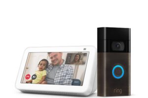Produktbild von Ring Video Doorbell Venetian Bronze + Echo Show 5 | 2nd generation (2021 release), smart display with Alexa and 2 MP camera | Glacier White