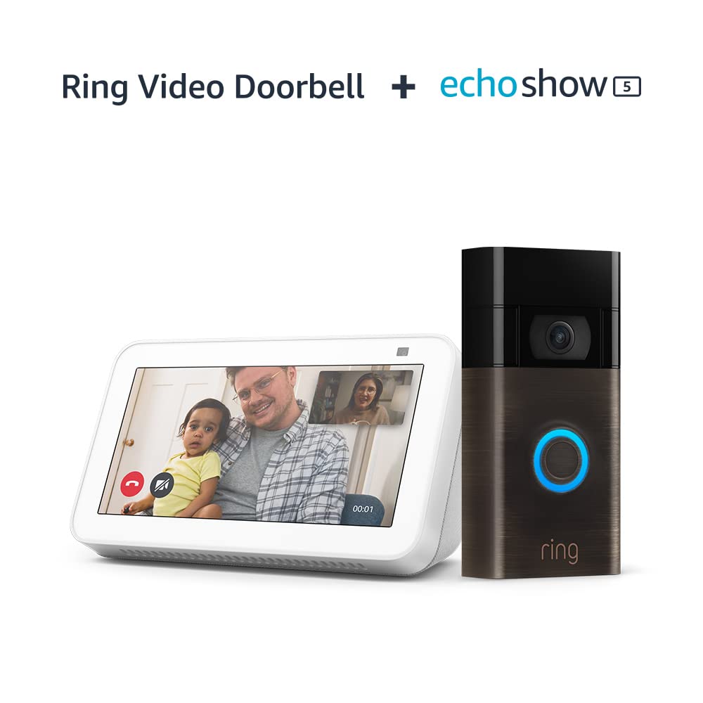 Bild von Ring Video Doorbell Venetian Bronze + Echo Show 5 | 2nd generation (2021 release), smart display with Alexa and 2 MP camera | Glacier White