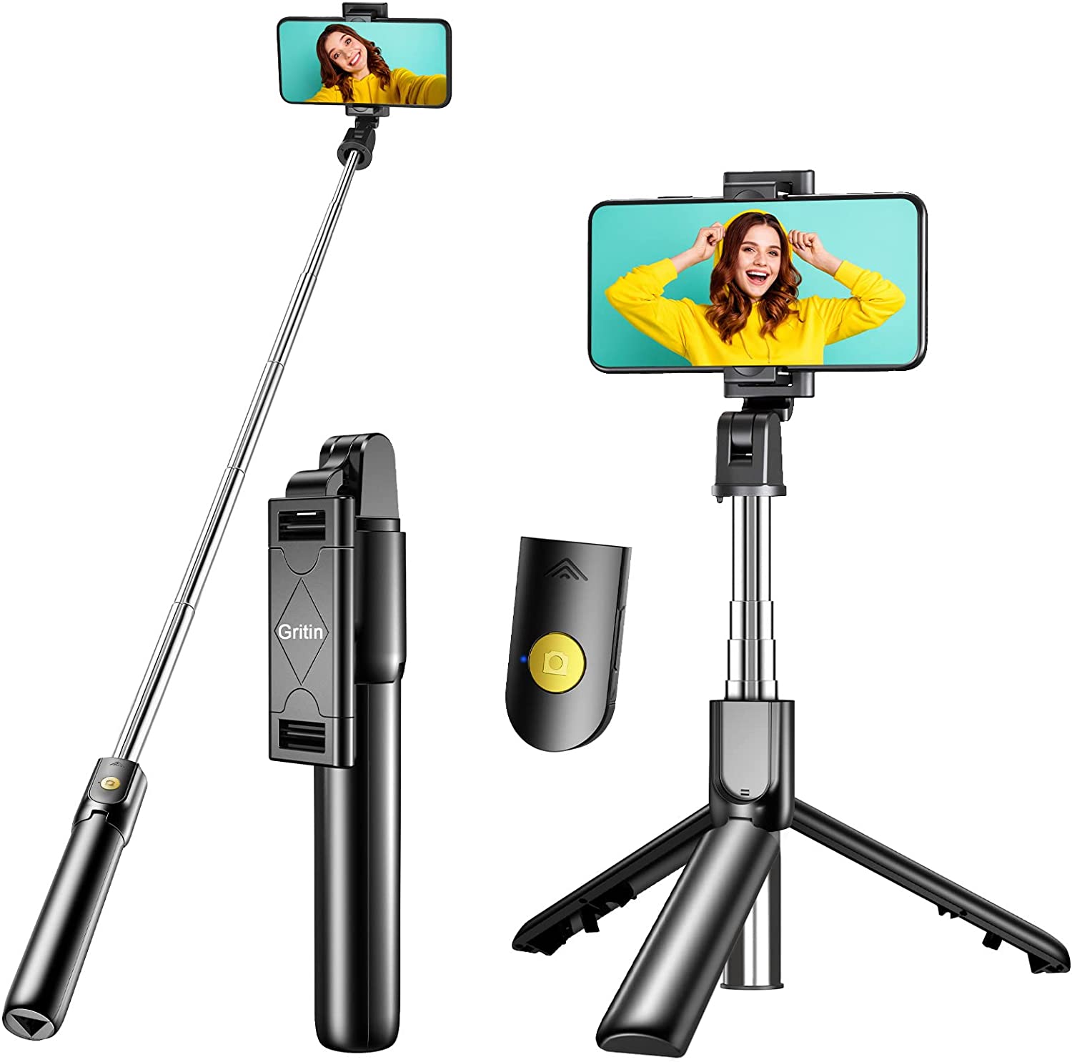Bild von Gritin Selfie Stick, 3 in 1 Bluetooth Selfie Stick Tripod, Extendable and Portable Selfie Stick with Detachable Wireless Remote & Stable Tripod Stand, Compatible with iPhone/Galaxy/Huawei, etc.