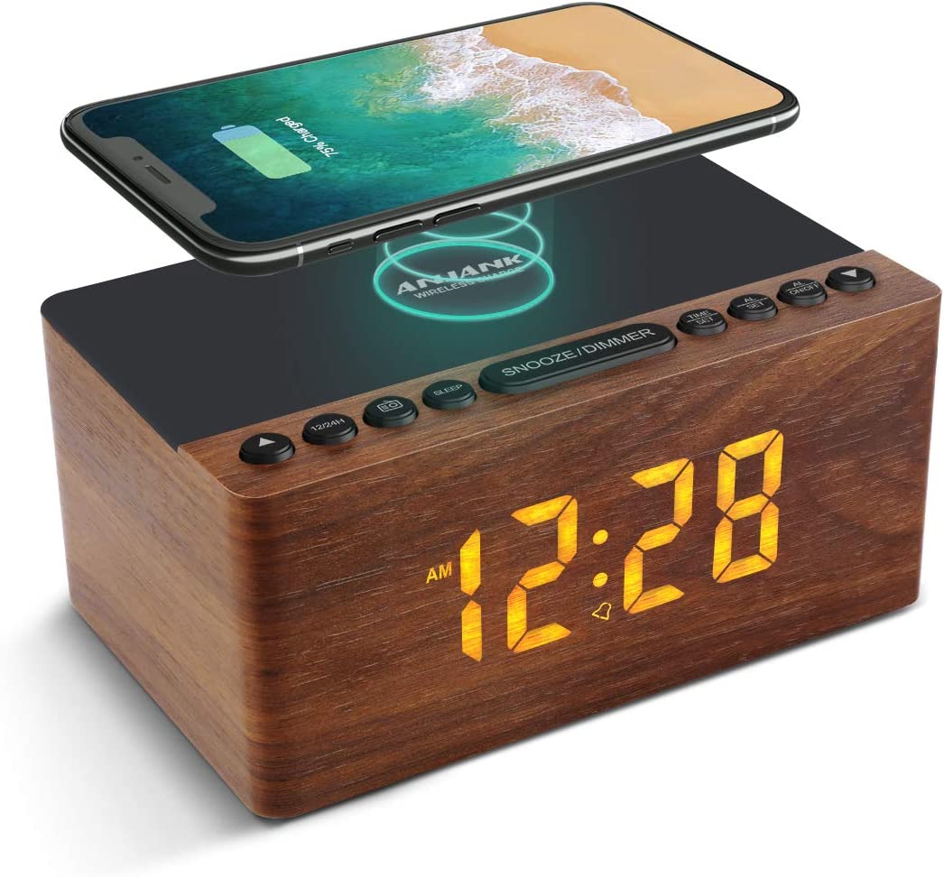 Bild von ANJANK Bedside Wooden FM Radio Alarm Clock,10W Super Fast Wireless Charger Station for Iphone/Samsung Galaxy,USB Charging Port, 5 Level Digital Dimmable Led Display,Mains Powered with Backup Battery