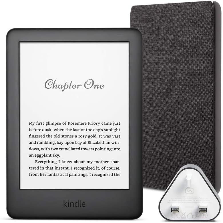 Bild von Kindle Essentials Bundle includes Kindle E-Reader (Black) with Special Offers, Amazon Fabric Cover (Charcoal Black) and Amazon 5W Power Adaptor