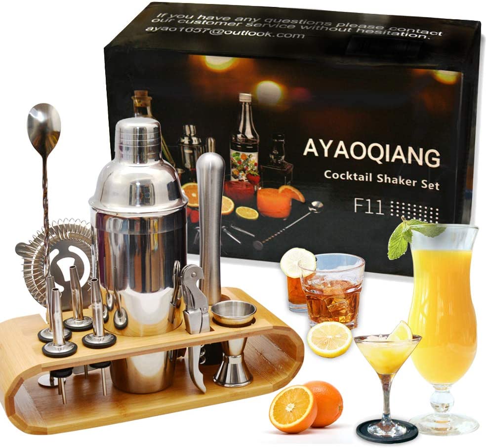 Bild von AYAOQIANG Cocktail Making Set, Cocktail Shaker Set 750ml Stainless Steel Bar Tool Set Bartender Kit with Display Stand