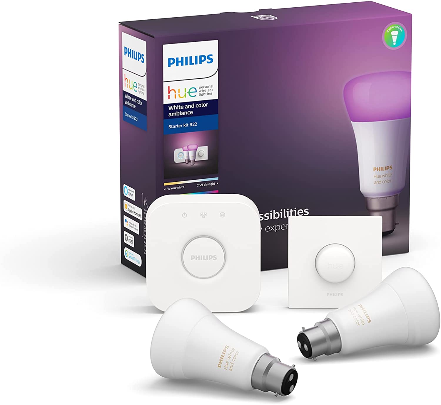 Bild von Philips Hue White and Colour Ambiance Starter Kit: Smart Bulb 2x Pack LED [B22 Bayonet Cap] Includes Hue Button + Bridge. Works with Alexa, Google Assistant and Apple HomeKit