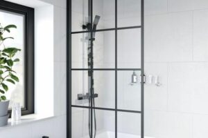 Bild von Bath Shower Screen Door Hinged 780mm Framed Black Grid Square Safety Glass Panel