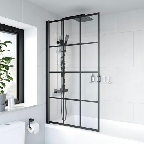 Bild von Bath Shower Screen Door Hinged 780mm Framed Black Grid Square Safety Glass Panel