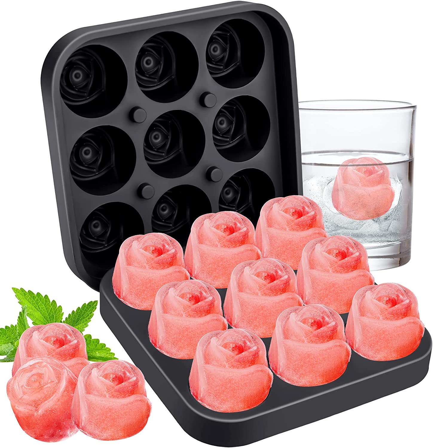 Bild von Ice Cube Tray, Mamowla Silicone Ice Cube Trays with Lid 9 Cavity Rose Flower Shape Ice Cube Moulds for Freezer,Baby Food,Water,Whiskey, Cocktail and Other Drink(Black)