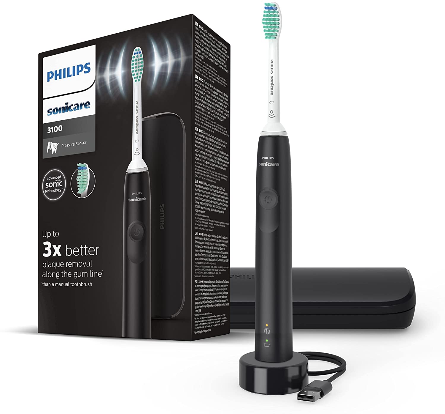 Bild von Philips Sonicare 3100 Series Sonic Electric Toothbrush with Pressure Sensor and BrushSync Replacement Reminder, HX3673/14, Black