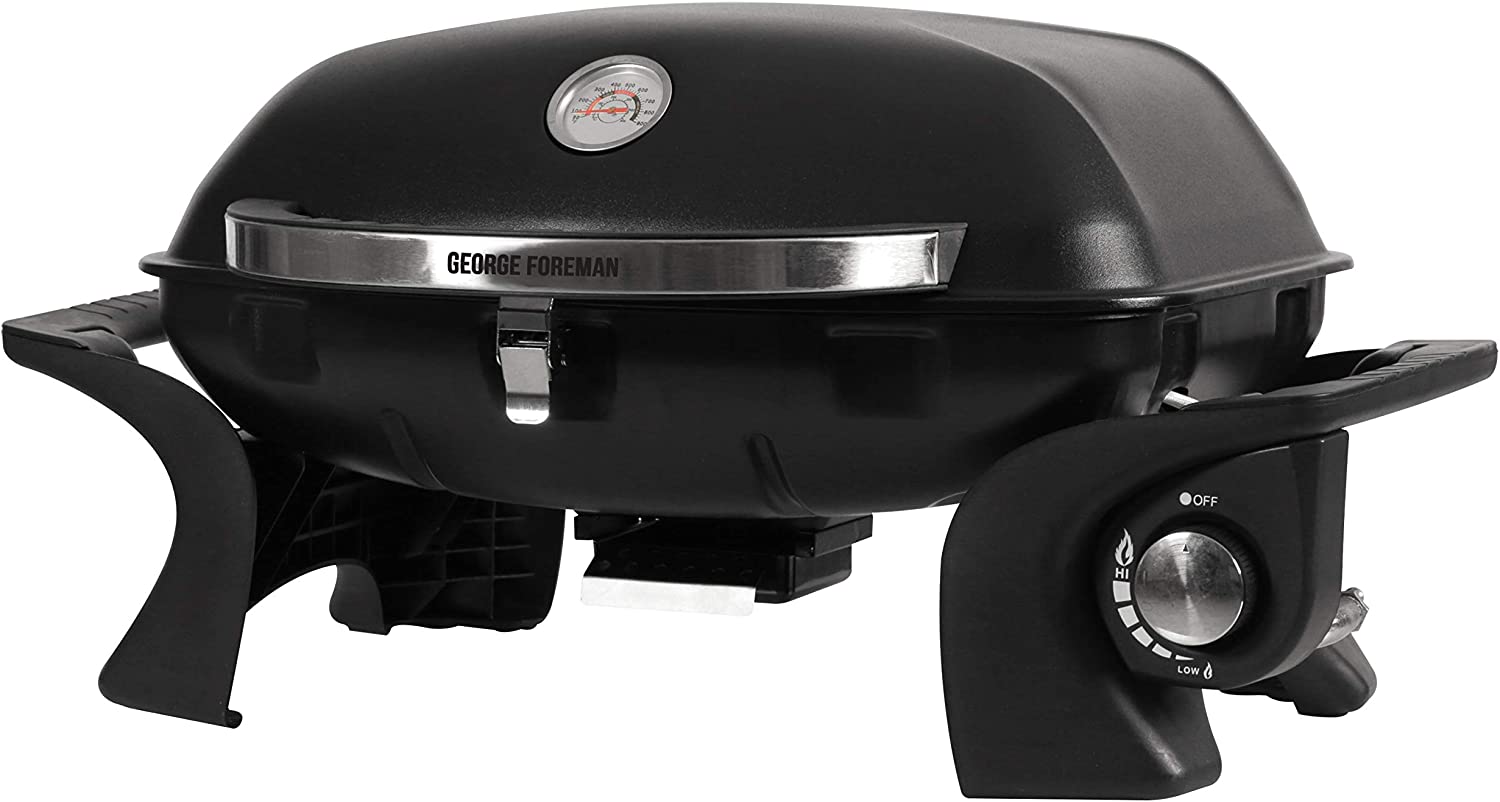 Bild von George Foreman GFSBBQ1 Portable Gas BBQ with Integrated Thermostat, Black, Lightweight & Compact, Steel Body & Automatic Ignition