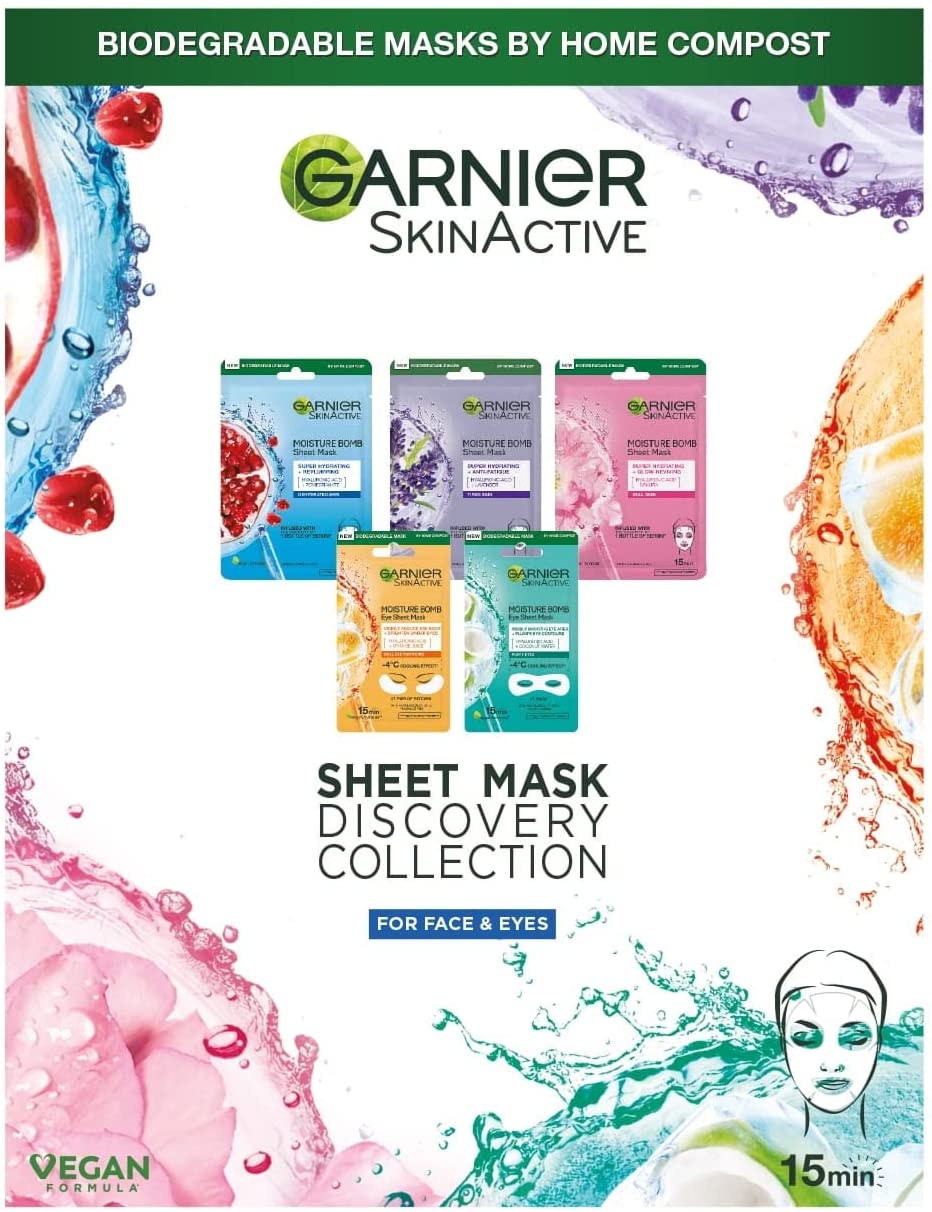 Bild von Garnier Sheet Mask Discovery Collection, Face & Eye Sheet Mask set for Dehydrated, Dull and Tired Skin, Pack of 5 Sheet Masks
