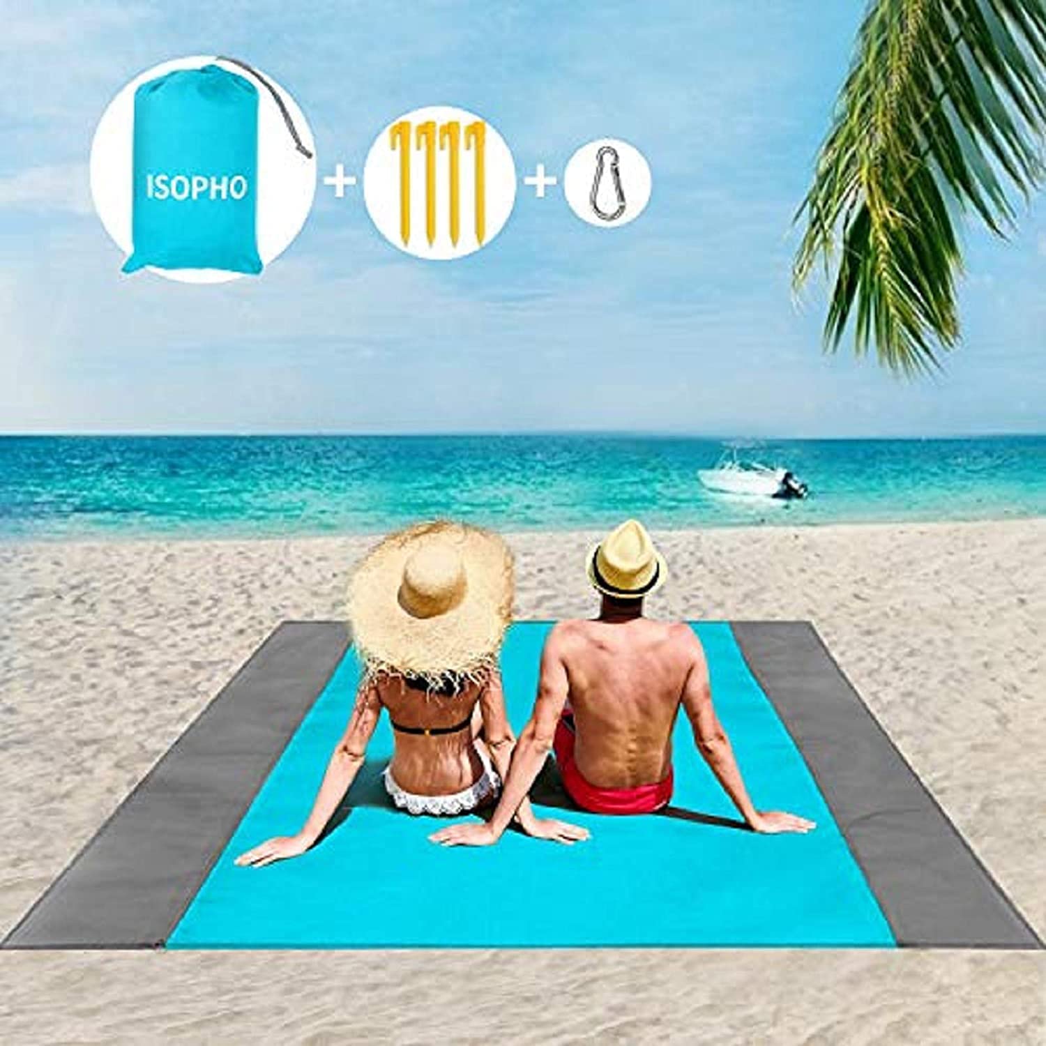 Bild von ISOPHO Beach Blanket Picnic Blanket, Extra Large 210 x 200cm/78.7*82.7IN Waterproof Sandproof Water Resistant Beach Mat with 4 Fixed Nails, Reinforced Edging for Beach, Camping, Hiking and Grass Trips