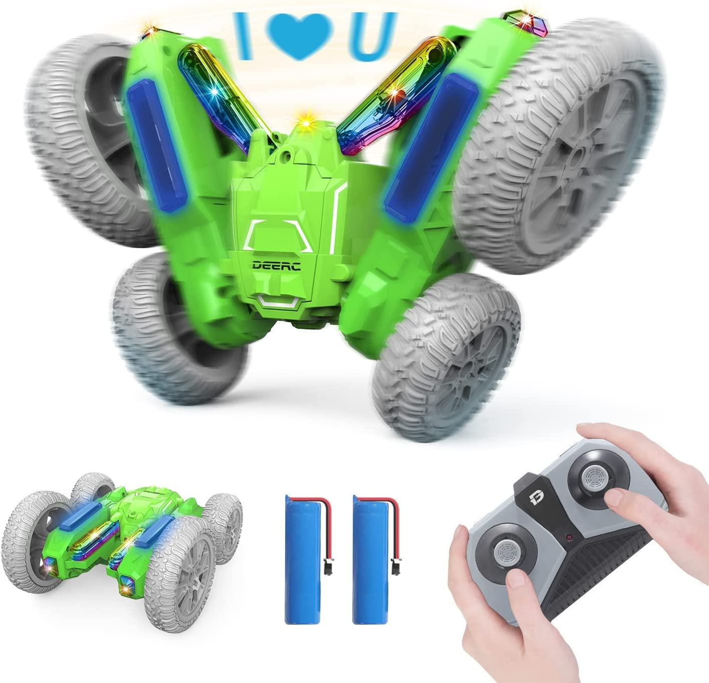 Bild von DEERC Remote Control Car for Boys, Tornado RC Stunt Car with LED Light Words 4 Demo Modes, Double Sided 360°Rotating with 2 Powerful Motors, 2.4GHZ Shockproof Off RC Crawler